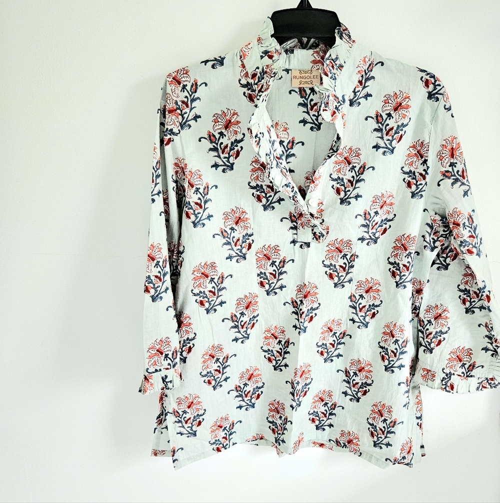 Rungolee Floral Ruffle Blouse In Sage Green Red